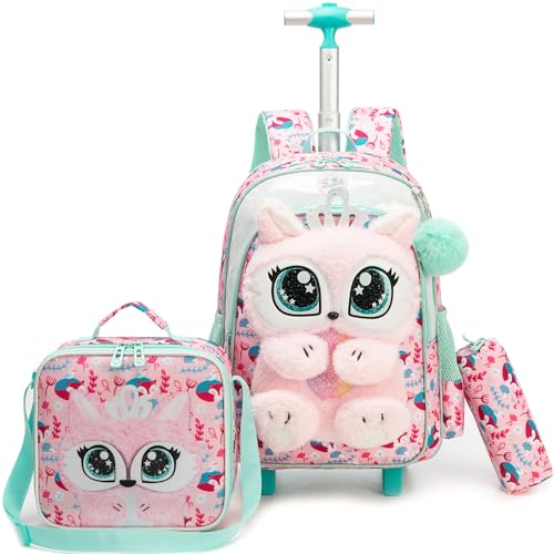 Meetbelify Rolling Backpack for Girls 3D Carton Backpack with Wheels for Elementary Student Kids Plush School Bag with Lunch Box Pencil Case for Girls Ages 6-8 Years Old Pink - Image 1