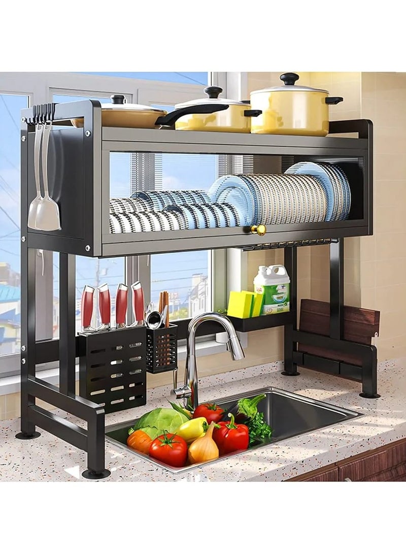 DubaiGallery Metal Dish Cabinet Rack Dustproof Sink Rack With Cabinet Door Multi-functional Plate Drying Storage Kitchen Organizer - Image 1