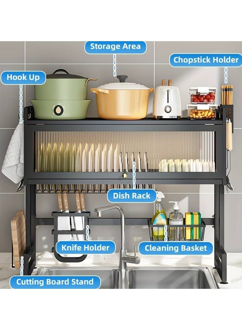 DubaiGallery Metal Dish Cabinet Rack Dustproof Sink Rack With Cabinet Door Multi-functional Plate Drying Storage Kitchen Organizer - Image 3