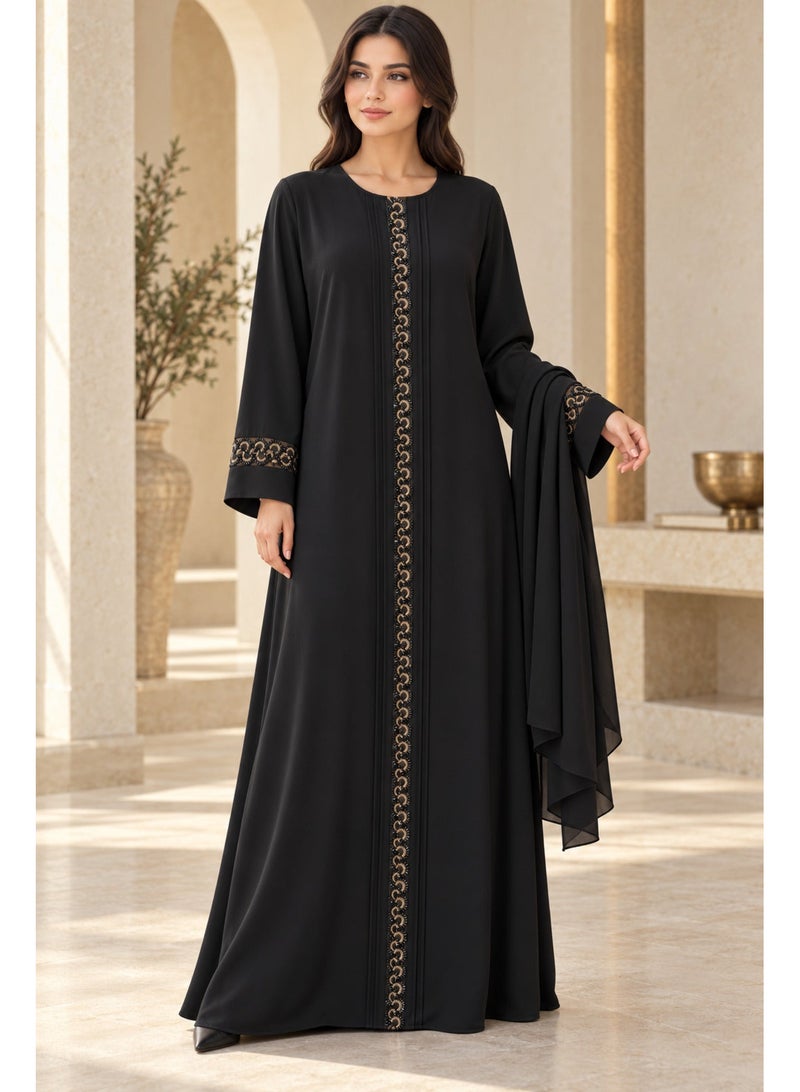 KAVALEE Women's Golden Halo Black Beaded Pullover Abaya with Matching Scarf - Image 3