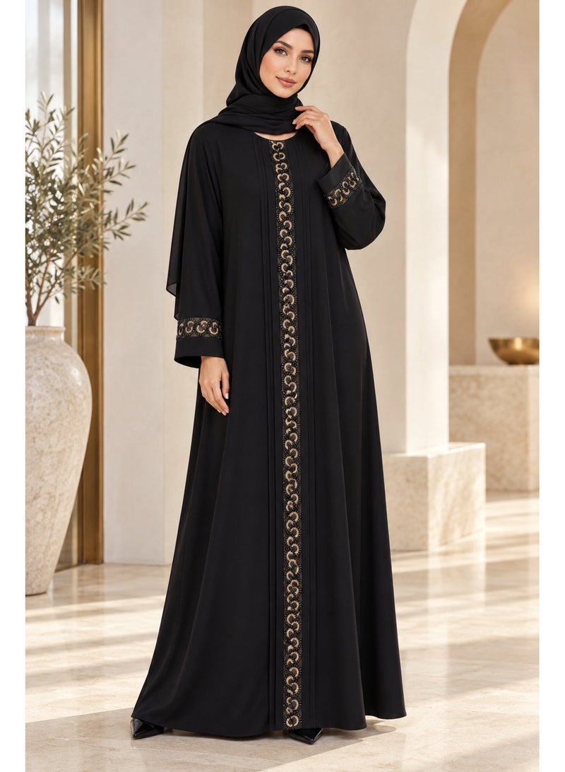 KAVALEE Women's Golden Halo Black Beaded Pullover Abaya with Matching Scarf - Image 2