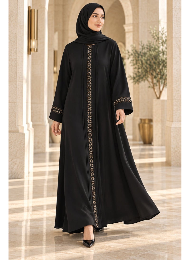 KAVALEE Women's Golden Halo Black Beaded Pullover Abaya with Matching Scarf - Image 1