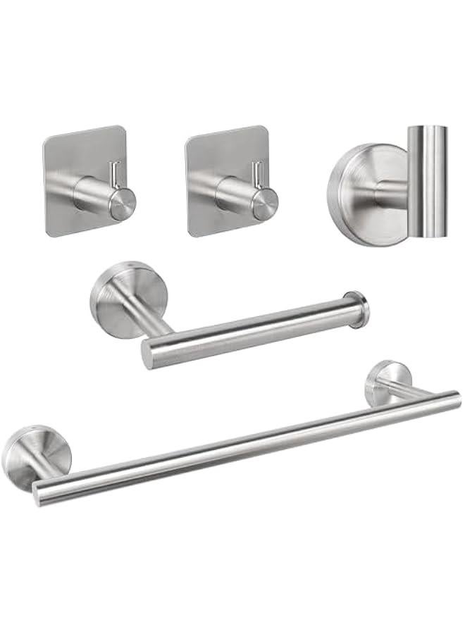 HOOKOR 5 pcs Bathroom Hardware Set, Thick Stainless Steel Bath Towel Bar Set Including Towel Rack for Bathroom+Toilet Paper Holder+3 Robe Towel Hooks Wall Mount (Brushed Nickel)  - Image 1