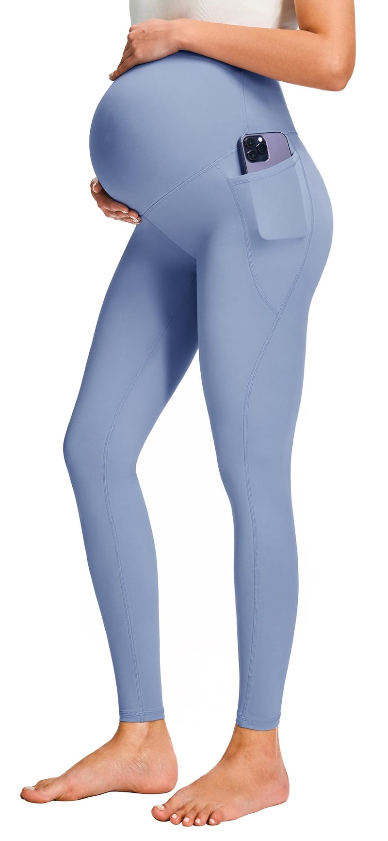 JOYSPELS Smooth Feeling Maternity Leggings Over The Belly with Pockets Workout Pregnancy Leggings Light Blue - Image 1