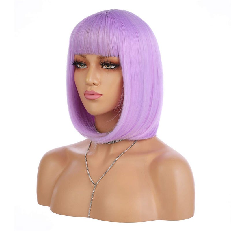 eNilecor Short Bob Hair Wigs 12 Straight with Flat Bangs Synthetic Colorful Cosplay Daily Party Wig for Women Natural As Real Hair Free Wig Cap Lavender Purple
