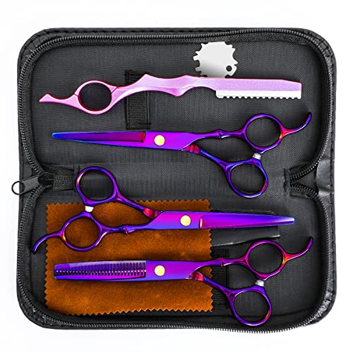 XUGOU Professional Hair Cutting Scissors Sets Stainless Steel Barber Hairdressing Scissors Multifunctional Salon Thinning Scissors Straight Shears Tools Gifts for Mom Dad Friends (Purple) - Image 1