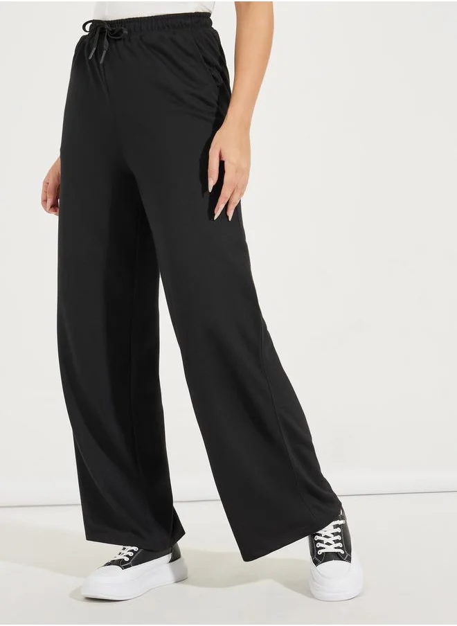 Styli Solid Wide Leg Joggers with Elasticated Waist & Drawstrings