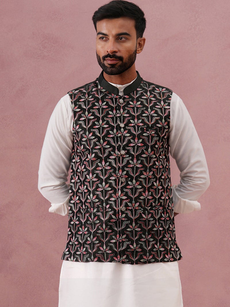 NOZ2TOZ Floral Embroidered Silk Nehru Jacket for Men - Image 5