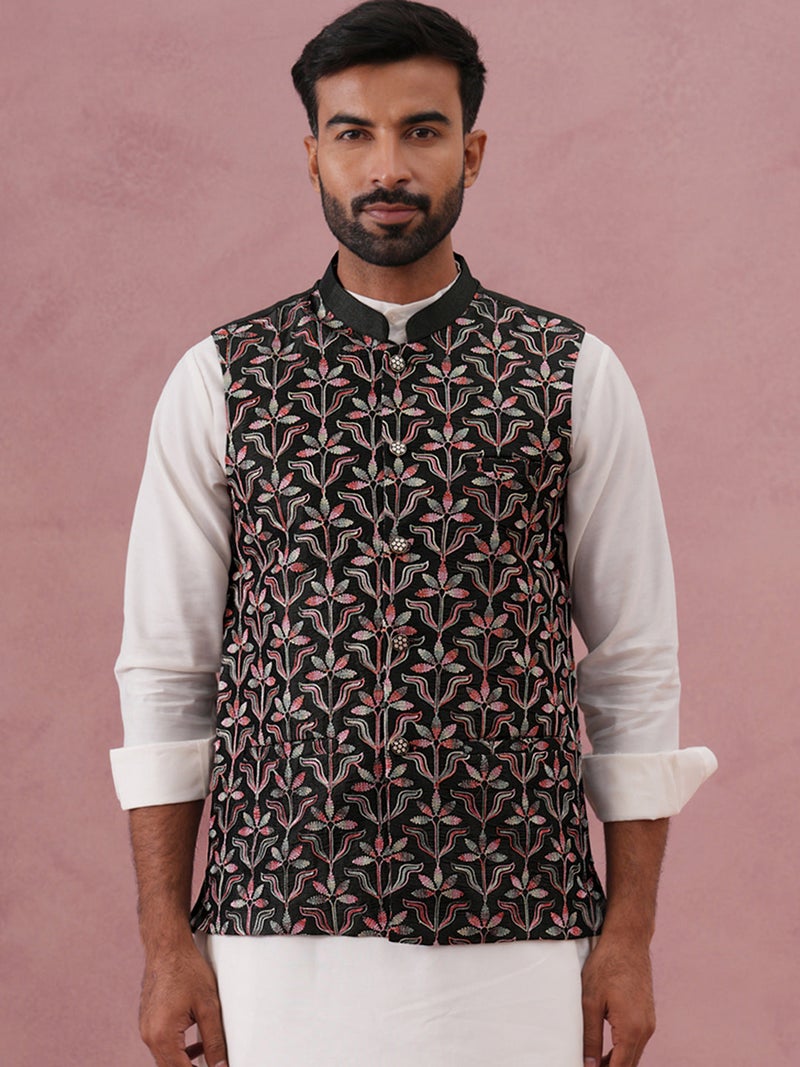 NOZ2TOZ Floral Embroidered Silk Nehru Jacket for Men - Image 3