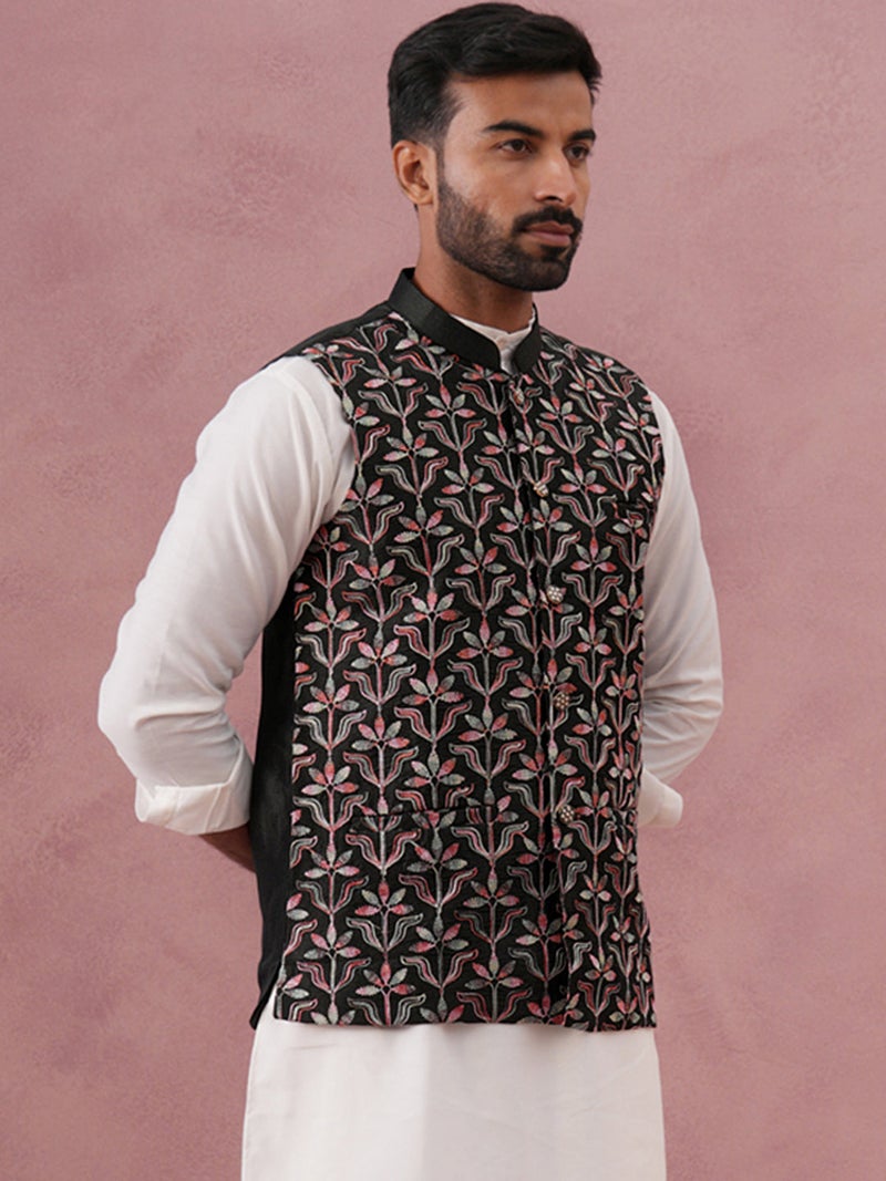 NOZ2TOZ Floral Embroidered Silk Nehru Jacket for Men - Image 2