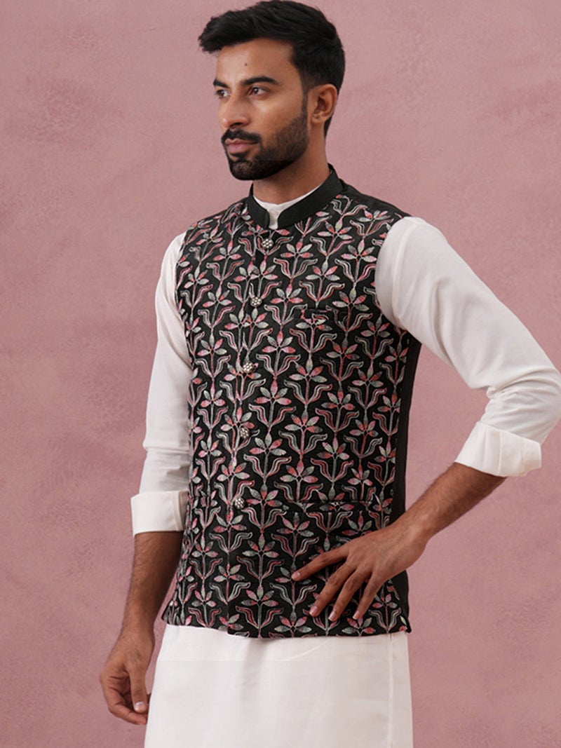 NOZ2TOZ Floral Embroidered Silk Nehru Jacket for Men - Image 1