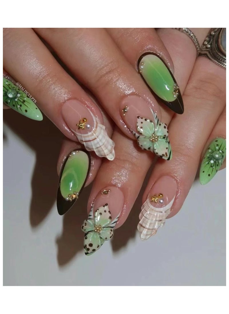 Press On Nails, Fake Nails 10 PCS, Fully Handcrafted Nails With Glue Kit Green Almond Style With Middle Finger Green Flower Almond Tip Exquisite Handcrafted Fake Nails Reusable For Women. - pzsku/ZBB433010263AB8503B55Z/45/_/1740740045/fcce699f-04e9-4041-a932-e1b8f1a2f91d