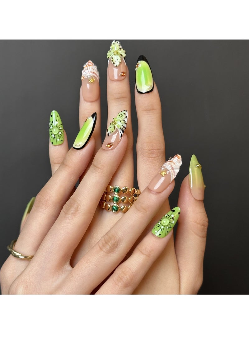 Press On Nails, Fake Nails 10 PCS, Fully Handcrafted Nails With Glue Kit Green Almond Style With Middle Finger Green Flower Almond Tip Exquisite Handcrafted Fake Nails Reusable For Women. - pzsku/ZBB433010263AB8503B55Z/45/_/1740740052/62e43e35-c8b7-4f56-81df-a7ef3481fbe3