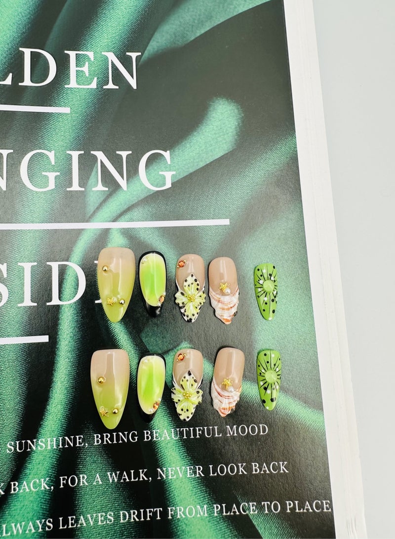 جوسكوين أظافر اصطناعية، أظافر مزيفة 10 قطع، أظافر مصنوعة يدويًا بالكامل مع مجموعة غراء، نمط لوز أخضر مع إصبع الوسط مزين بأزهار خضراء، أظافر مزيفة مصنوعة يدويًا بشكل رائع، قابلة لإعادة الاستخدام للنساء. - Image 4