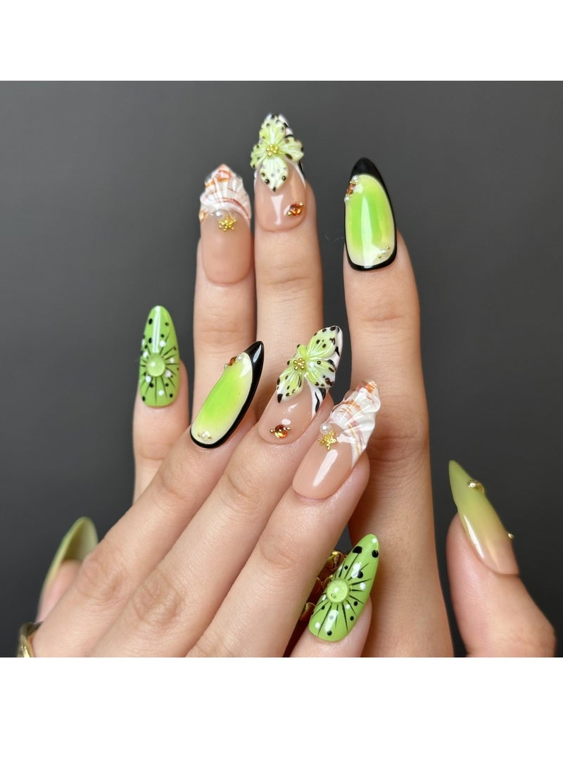 Press On Nails, Fake Nails 10 PCS, Fully Handcrafted Nails With Glue Kit Green Almond Style With Middle Finger Green Flower Almond Tip Exquisite Handcrafted Fake Nails Reusable For Women. - pzsku/ZBB433010263AB8503B55Z/45/_/1740740057/145bc138-af67-4b0f-b195-6b18008557af