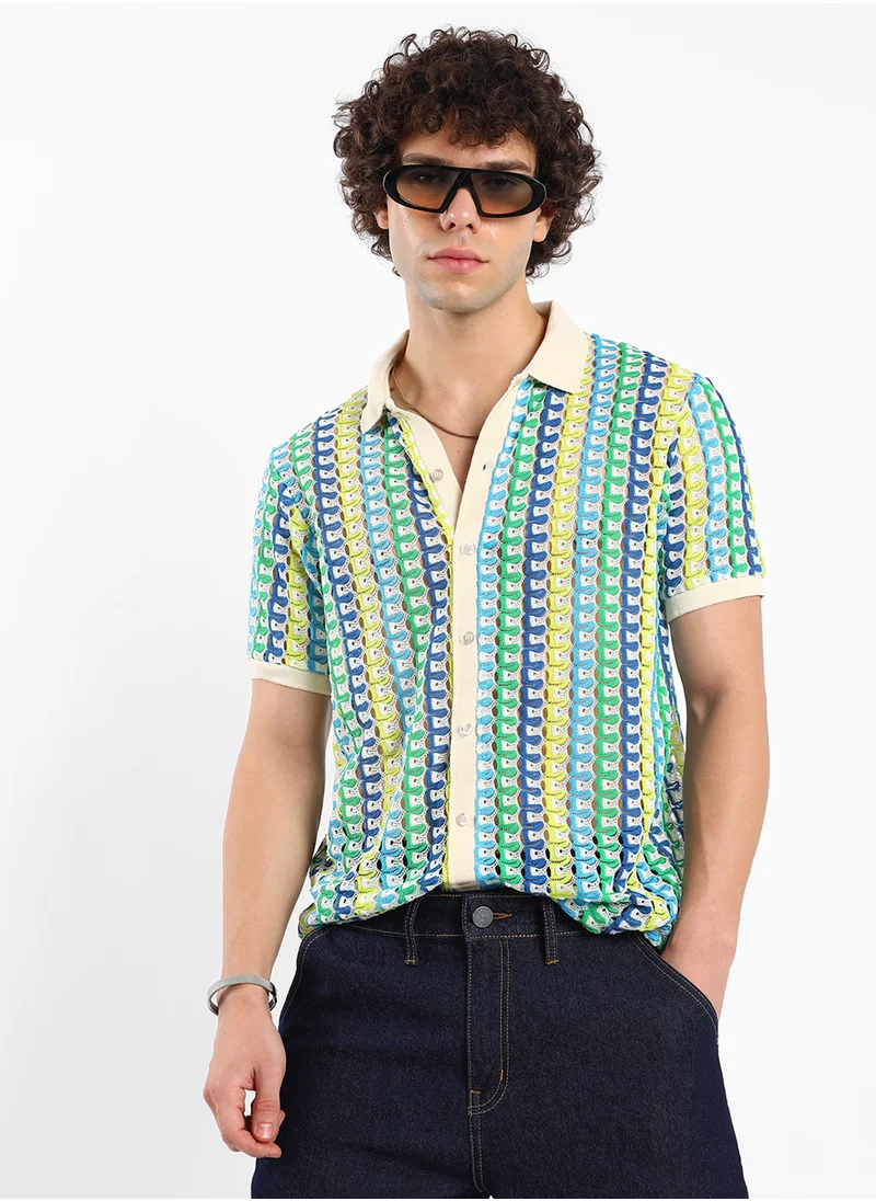 كامبوس سوترا Men's Multicolour Loop-Stripe Knit Shirt