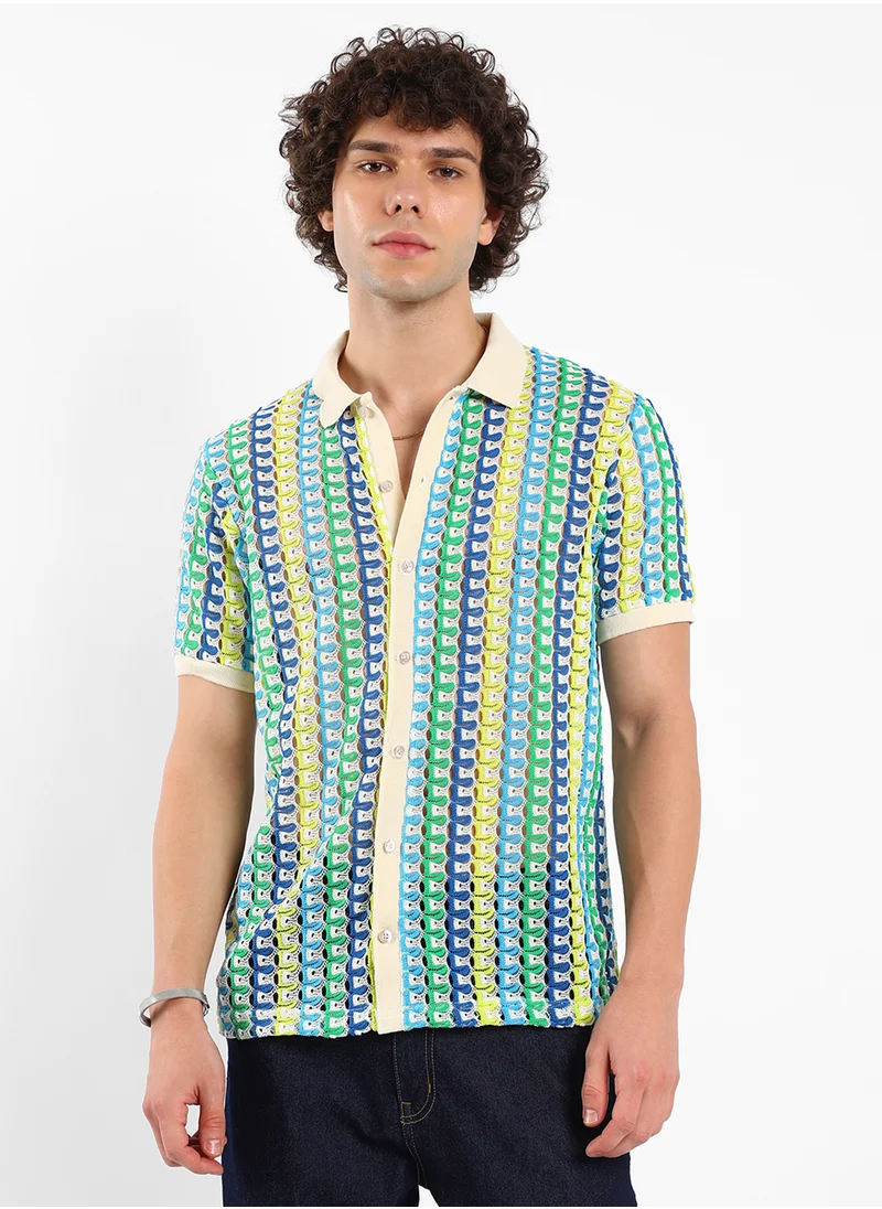 كامبوس سوترا Men's Multicolour Loop-Stripe Knit Shirt