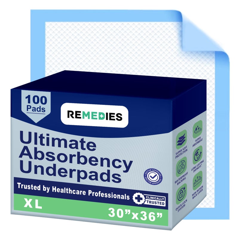 وسادات سرير قابلة للتصرف Remedies 30 × 36 100 عدداً وسادات سرير كبيرة لسلس البول لكبار السن والبالغين والأطفال وسادات تشوك القابلة للتصرف للبالغين