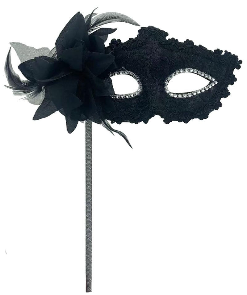 AZYOUNG Women's Masquerade Masks Side Feather Flower Petal Hand Held Lace Mask with Stick,(Black) - Image 1