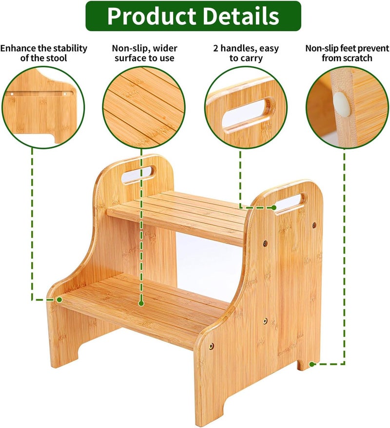 VaeFae Bamboo 2 Step Stool with Non-Slip Step Treads and 2 Cutout Handles (Natural) - Image 3
