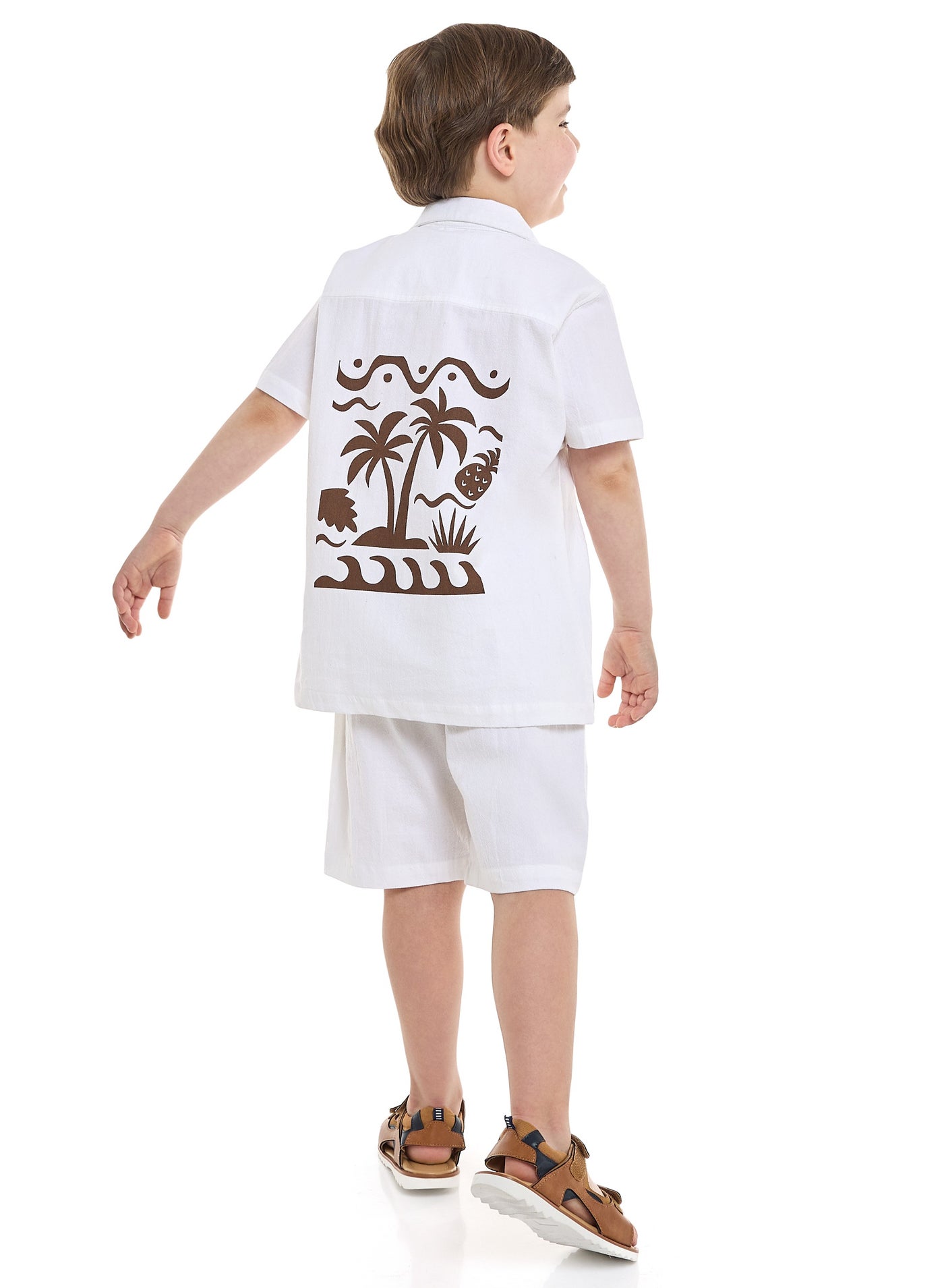 Victor and Jane Boys' Casual Cotton Shirt & Shorts Set with Back Print – Short Sleeve Outfit - Off White