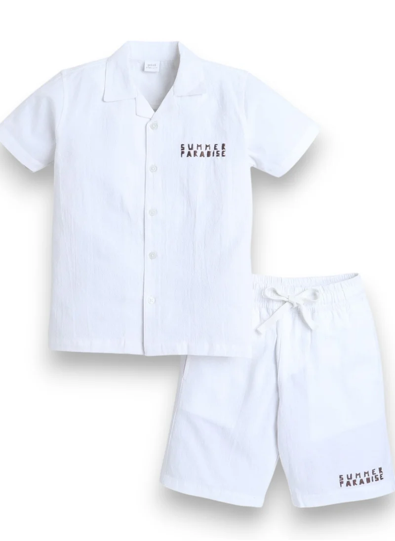 victor and jane Victor and Jane Boys' Casual Cotton Shirt & Shorts Set with Back Print – Short Sleeve Outfit - Off White