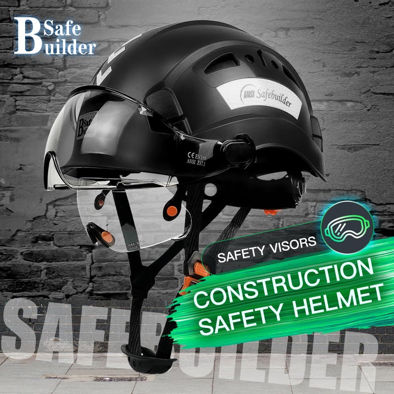 Safebuilder Industrial Safety Helmet With Build-In Visor Abs Hard Hat With Visor Adjustable Ventilation Osha Approved Hardhats Construction Head Protection (Black Helmet With Clear & Tinted Visor) - Image 2