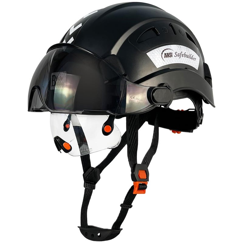 Safebuilder Industrial Safety Helmet With Build-In Visor Abs Hard Hat With Visor Adjustable Ventilation Osha Approved Hardhats Construction Head Protection (Black Helmet With Clear & Tinted Visor) - Image 1