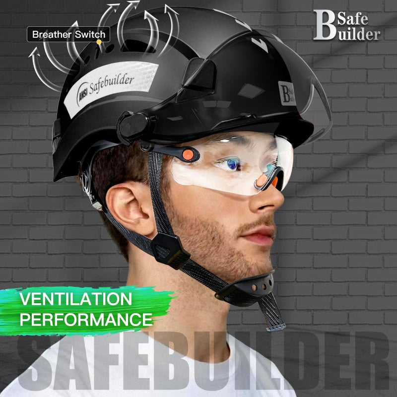 Safebuilder Industrial Safety Helmet With Build-In Visor Abs Hard Hat With Visor Adjustable Ventilation Osha Approved Hardhats Construction Head Protection (Black Helmet With Clear & Tinted Visor) - Image 3
