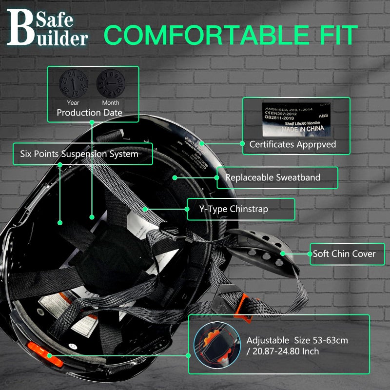 Safebuilder Industrial Safety Helmet With Build-In Visor Abs Hard Hat With Visor Adjustable Ventilation Osha Approved Hardhats Construction Head Protection (Black Helmet With Clear & Tinted Visor) - Image 4