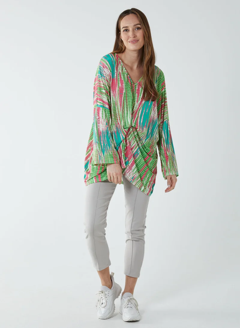 بلو فانيلا بلوزة بأكمام طويلة بتصميم ملتف وطبعة تجريدية