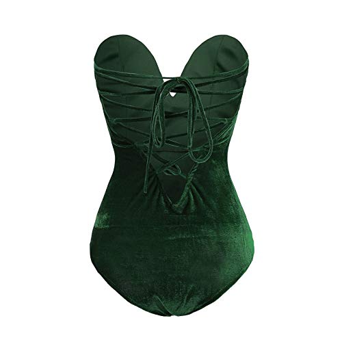 Comulish Women Sexy Velvet Strapless Bodysuit Jumpsuit Sweetheart Deep V Neck Cross Back Vintage Bodycon Leotard Bustier Top (Green, S) - Image 4
