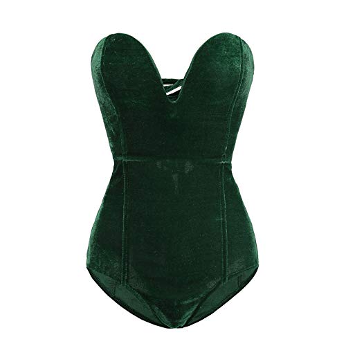 Comulish Women Sexy Velvet Strapless Bodysuit Jumpsuit Sweetheart Deep V Neck Cross Back Vintage Bodycon Leotard Bustier Top (Green, S) - Image 3