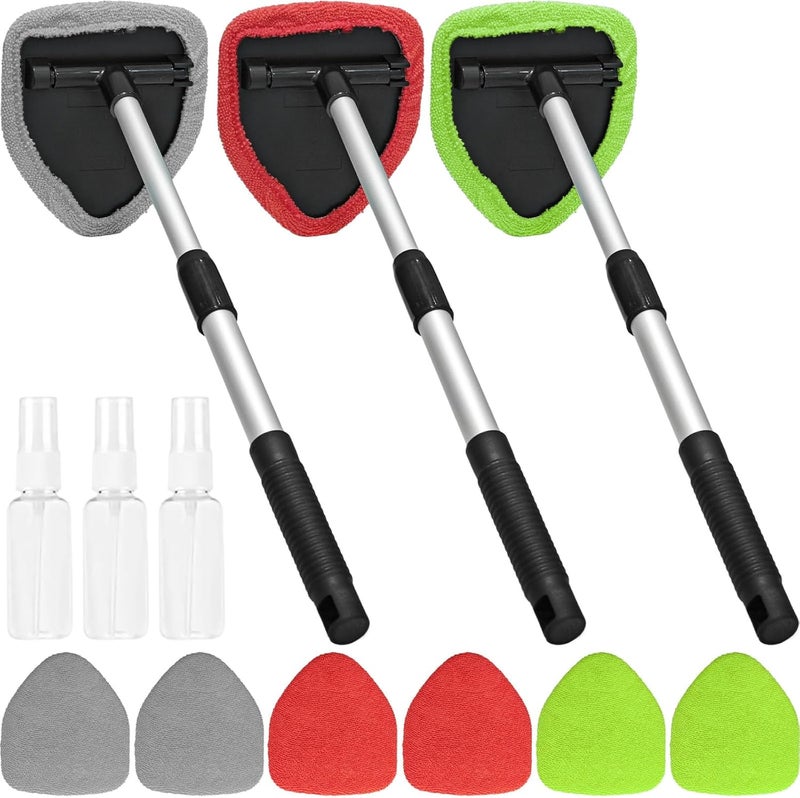 Beieverluck 3 Pieces Windshield Cleaning Tool Inside Car Window Cleaner Cleaning Tool with Extendable Handle, 9 Microfiber Pads and 3 Spray Bottles Car Auto Glass Wiper Kit - Image 1