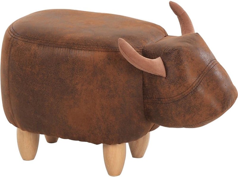 Decorative Buffalo Ottoman Footstool Cute Animal Upholstered Stool for Kids Wooden Footrest Accent Furniture, Brown