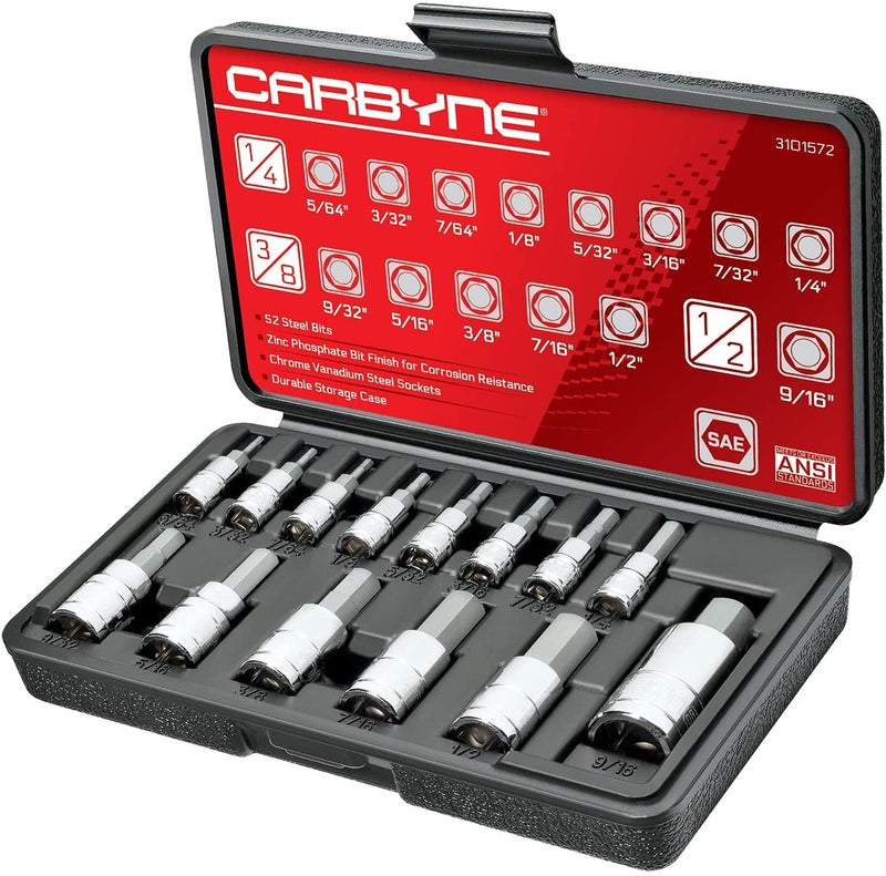 CARBYNE 14-Piece SAE Hex (Allen) Bit Socket Set. Includes 5/64 in. - 1/2 in., S2 Steel Bits, Cr-V Sockets, Durable Case â€¢ From a Family-Run Tool Company Based in the U.S.A.