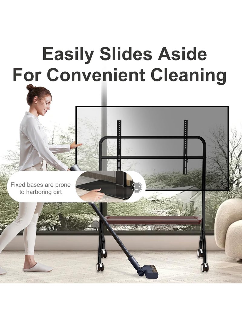 XiuWoo Universal Metal Mobile TV Stand, Wood Moveable TV Cart Easel, Height Adjustable Rolling TV Stand, Portable Floor TV Mounts for 32 to 75in LCD LED OLED 4K Screens with Wheels, Wood Media Storage Rack - Image 4