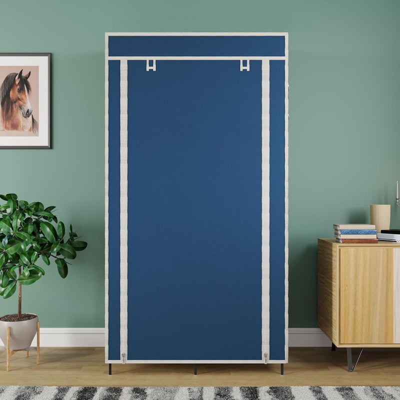 GTC Collapsible Wardrobe Closet for Clothes Almira 2 Hanging Space 6 Shelves 1 Side Pocket NonWoven Fabric 77003 Blue - Image 3