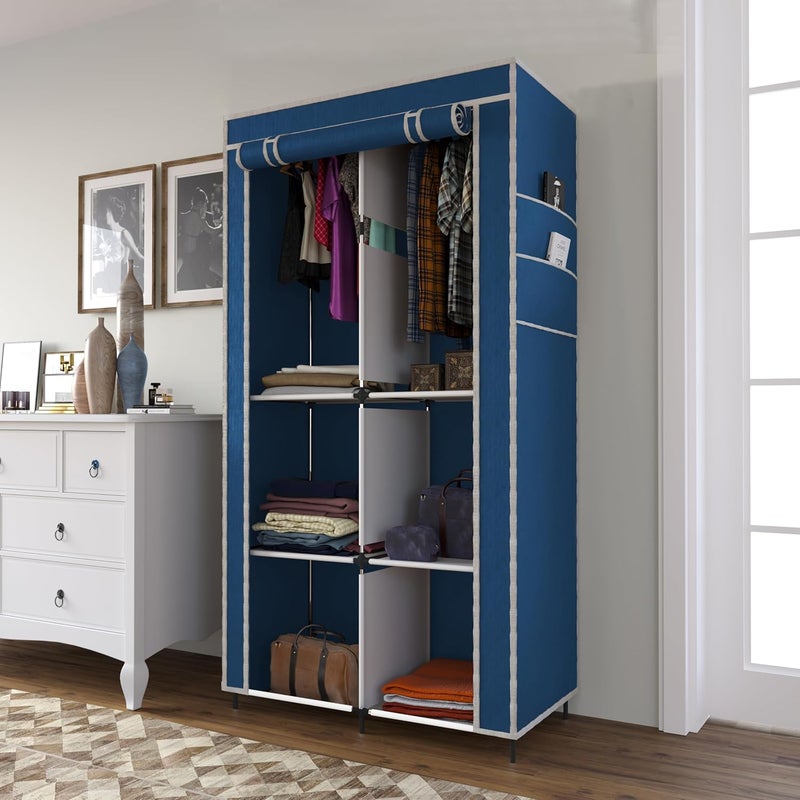 GTC Collapsible Wardrobe Closet for Clothes Almira 2 Hanging Space 6 Shelves 1 Side Pocket NonWoven Fabric 77003 Blue - Image 1