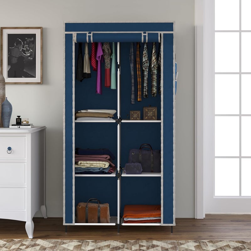 GTC Collapsible Wardrobe Closet for Clothes Almira 2 Hanging Space 6 Shelves 1 Side Pocket NonWoven Fabric 77003 Blue - Image 2