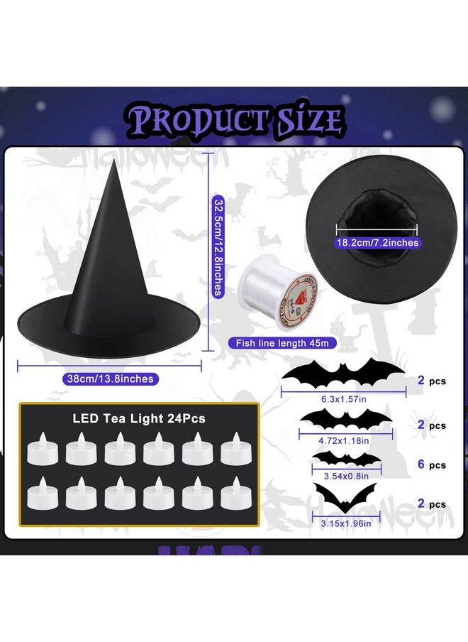 Haysandy - 61 Pcs Halloween Hanging Witch Hats Decorations Include 24 Halloween Black Light Up Floating Witches Hats With Led Tea Candles Bulk 12 3D Bats Wall Stickers And Fishing Line For Diy Costume Cosplay - Image 1