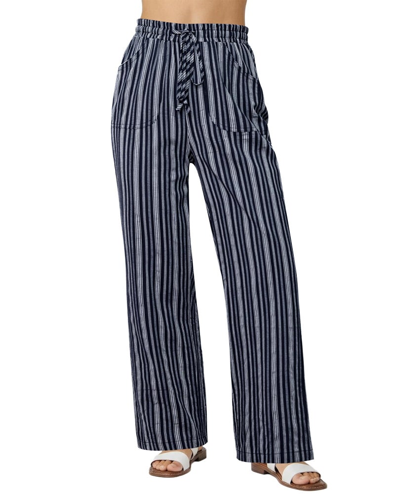 GRAPENT Casual Pants for Women Cotton Linen Womens Summer Lightweight Draw String Striped Wide Leg Striped Cotton Linen Pants, Navy Blue Stripe, S, US Size 4 to 6 - Image 1