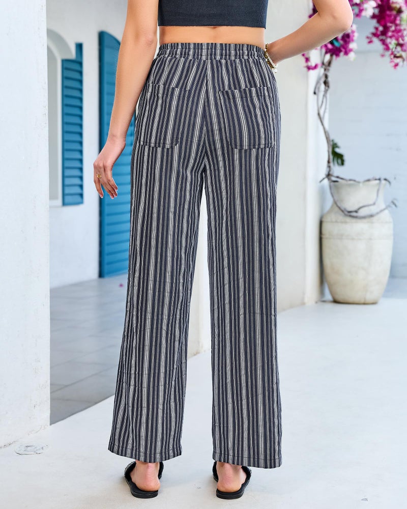 GRAPENT Casual Pants for Women Cotton Linen Womens Summer Lightweight Draw String Striped Wide Leg Striped Cotton Linen Pants, Navy Blue Stripe, S, US Size 4 to 6 - Image 4