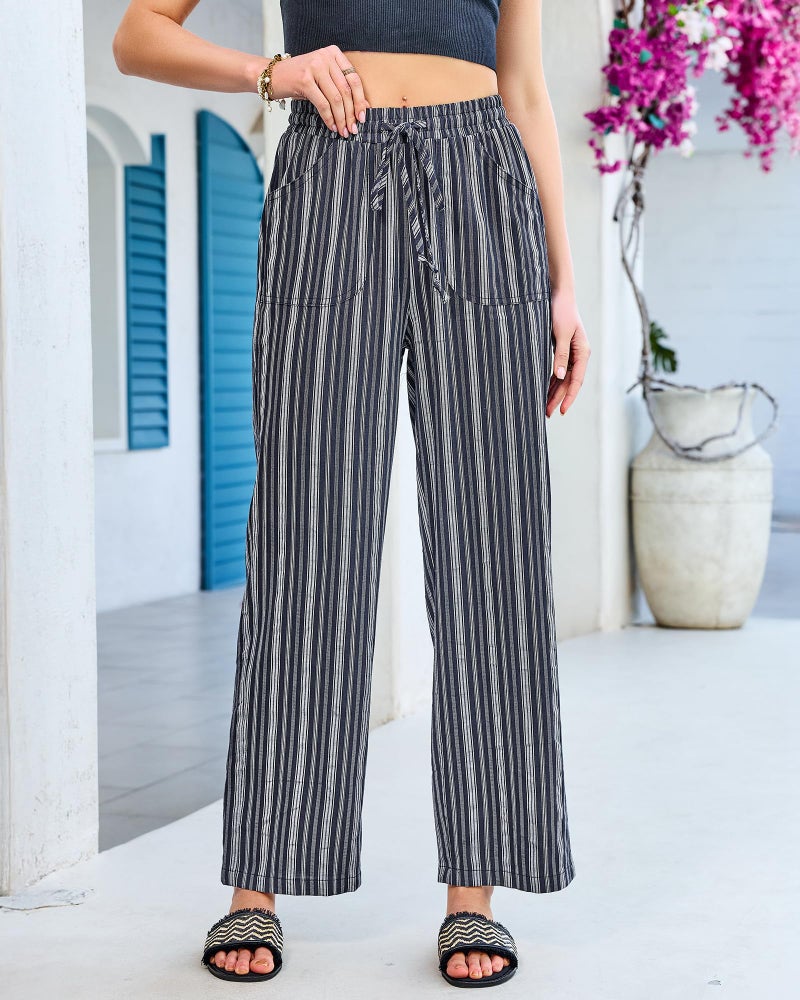 GRAPENT Casual Pants for Women Cotton Linen Womens Summer Lightweight Draw String Striped Wide Leg Striped Cotton Linen Pants, Navy Blue Stripe, S, US Size 4 to 6 - Image 3