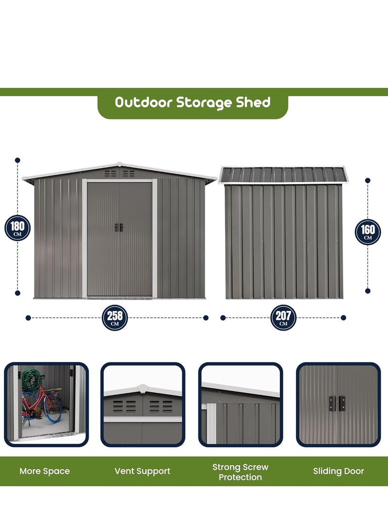 Egardenkart إي غاردن كارت، مخزن خارجي معدني - كبير جداً 8.5x6.8 قدم، رمادي فاتح | مخزن حديقة مع باب مزدوج منزلق | خزانة تخزين خارجية لتخزين الحديقة | تخزين مخزن خارجي (مع التركيب) - Image 2