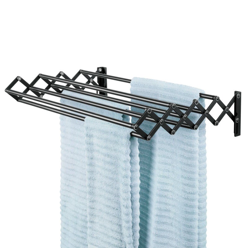 mDesign Steel Wall Mount Accordion Expandable Retractable Clothes Air Drying Rack 8 Bars for Hanging Garments Mounted Organizer for LaundryUtility Room Bathroom Garage Bardo Collection Black - Image 2