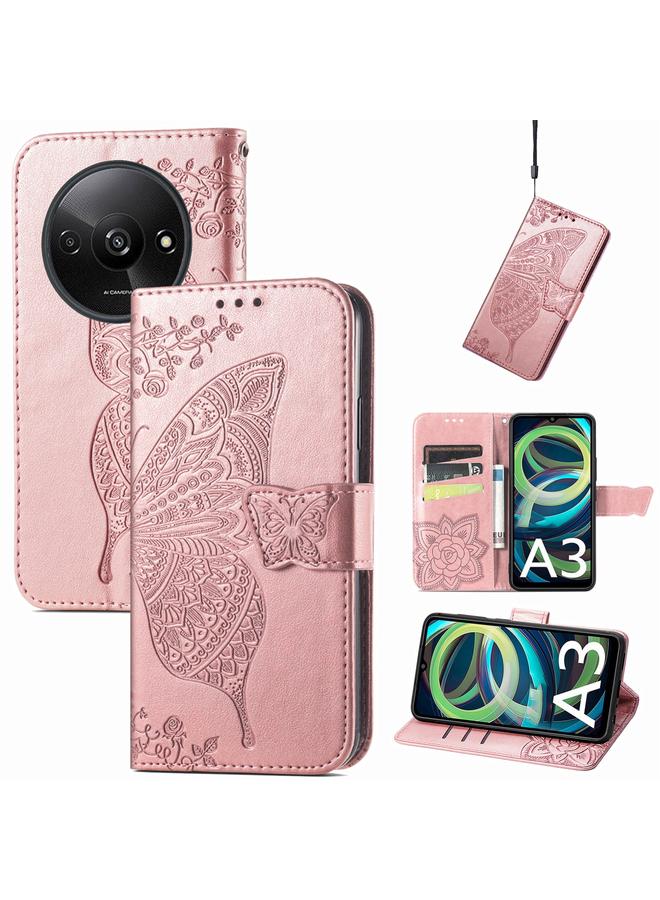 The Bros Case For Xiaomi Redmi A3 Butterfly Love Flower Embossed Leather Phone Case