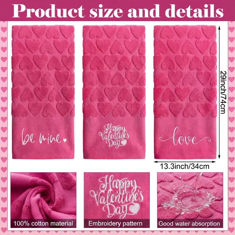 SmoothNovelty 3 Pcs 3D Valentine Day Hand Towels for Bathroom 100% Cotton Rose Pink Jacquard Decorative Soft Bath Towel Absorbent Love Mine Heart Kitchen Gift for Anniversary Wedding, 13.3" x 29.5" - Image 2