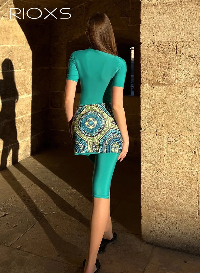 ريوكس ملابس سباحة نسائية من قطعة واحدة، ملابس سباحة قصيرة الأكمام مقاومة للأشعة فوق البنفسجية للسيدات، بدلة غطس بزر أمامي للتحكم في البطن مع حافة زهرية، ملابس سباحة نسائية لممارسة رياضة ركوب الأمواج/التجديف/التجديف بالطوافات - Image 3