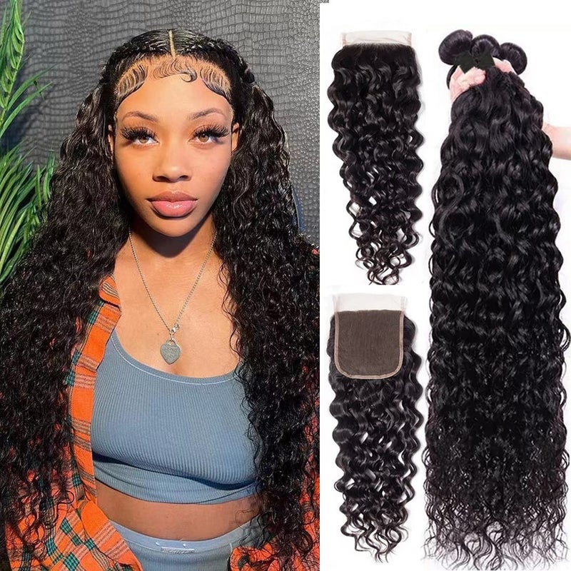 Water Wave Bundles with Closure Human Hair20 22 2418Free Part12A Brazilian Virgin Hair Bundles and Closure 100 Unprocessed Ocean Wave Human Hair Natural Color